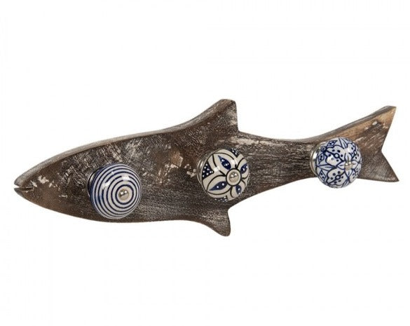 Fish Shaped Wooden Ceramic 3 Knob Coat Rack, 33cm