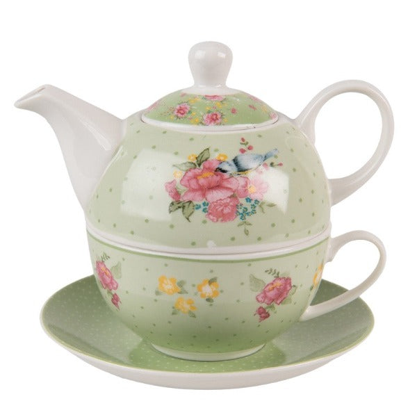 Porcelain Tea For One Teapot & Cup, Green Floral