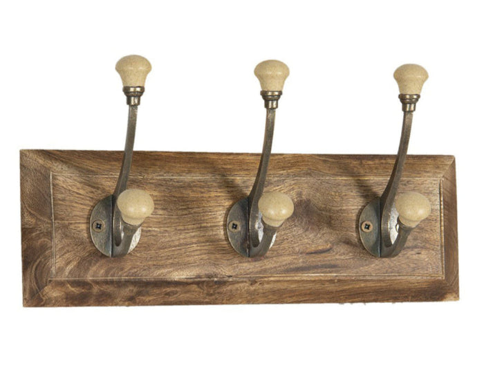 Wall Mounted Wooden 3 Hook Coat Rack, 30cm, Beige