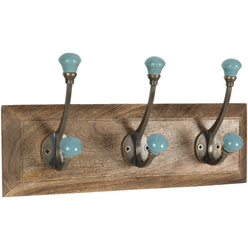 Wall Mounted Wooden 3 Hook Coat Rack, 31cm, Teal