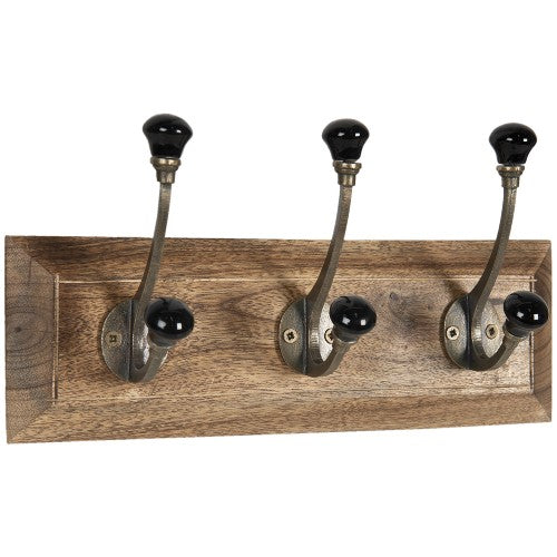 Wall Mounted Wooden 3 Hook Coat Rack, 31cm, Black