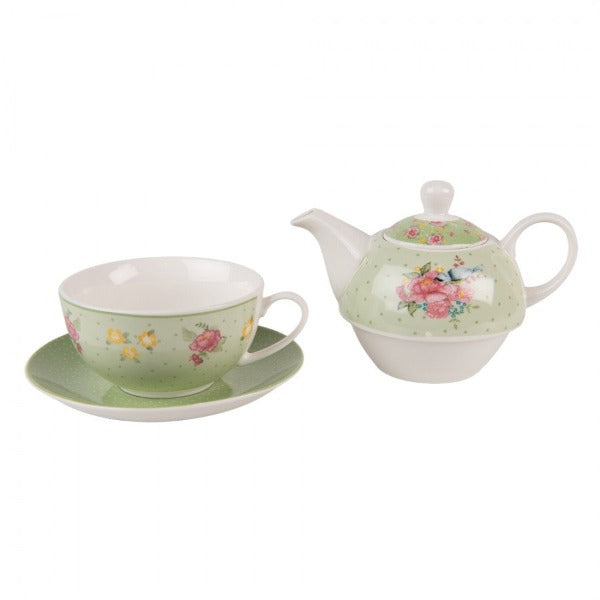 Porcelain Tea For One Teapot & Cup, Green Floral