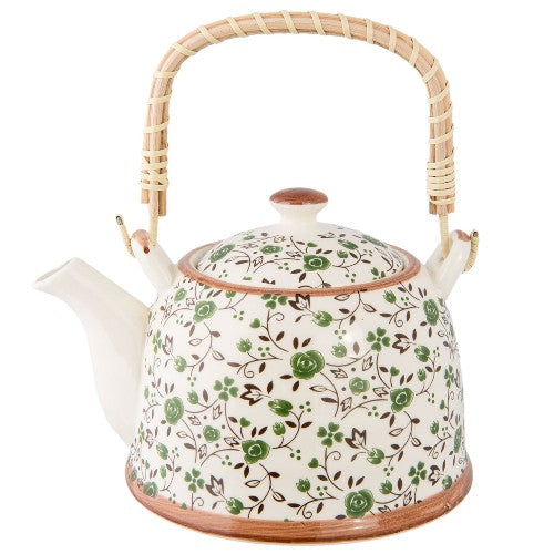 Porcelain Filter Teapot, 700ml, Green Floral (C001)
