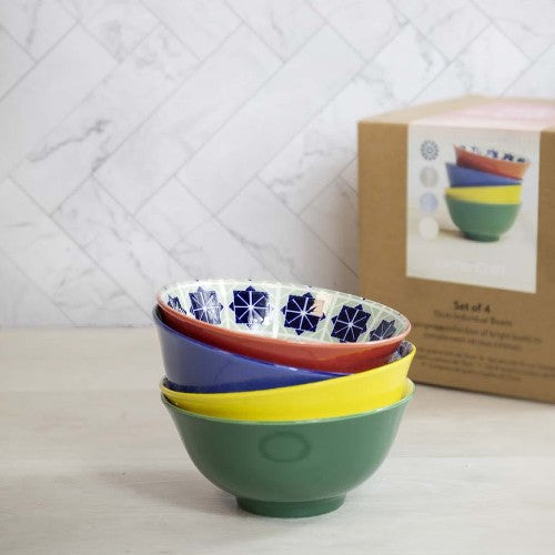 Patterned Ceramic Bowls in Gift Box, Set Of 4, Primary (k69m)