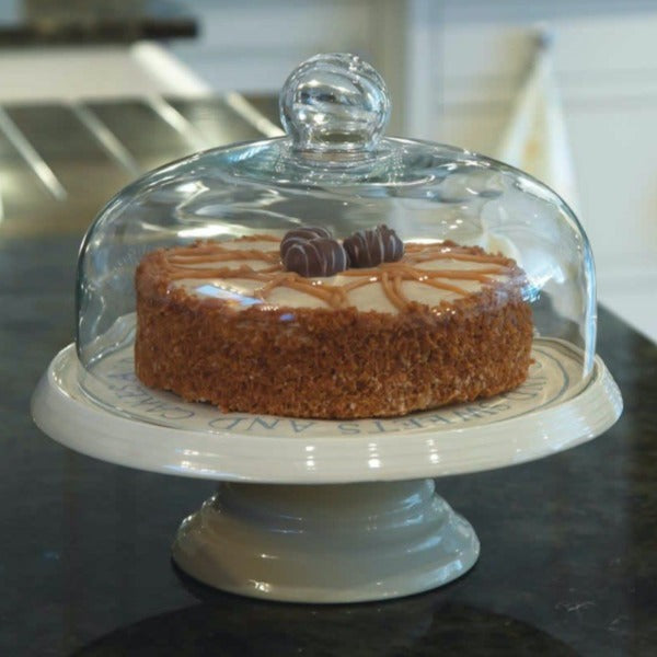 Ceramic Cake Stand With Glass Dome Lid, 29cm (k98a)